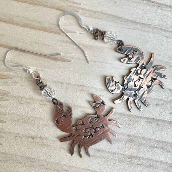 Handmade Copper Crab Earrings with Etched Fish & Crystal Beads - Picture 8 of 10
